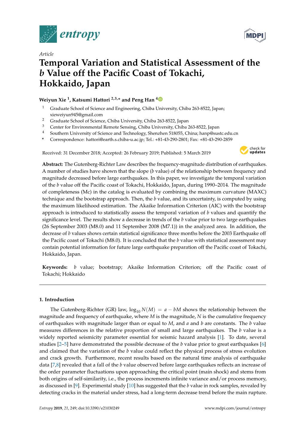 Temporal Variation and Statistical Assessment of the B Value Off the Paciﬁc Coast of Tokachi, Hokkaido, Japan