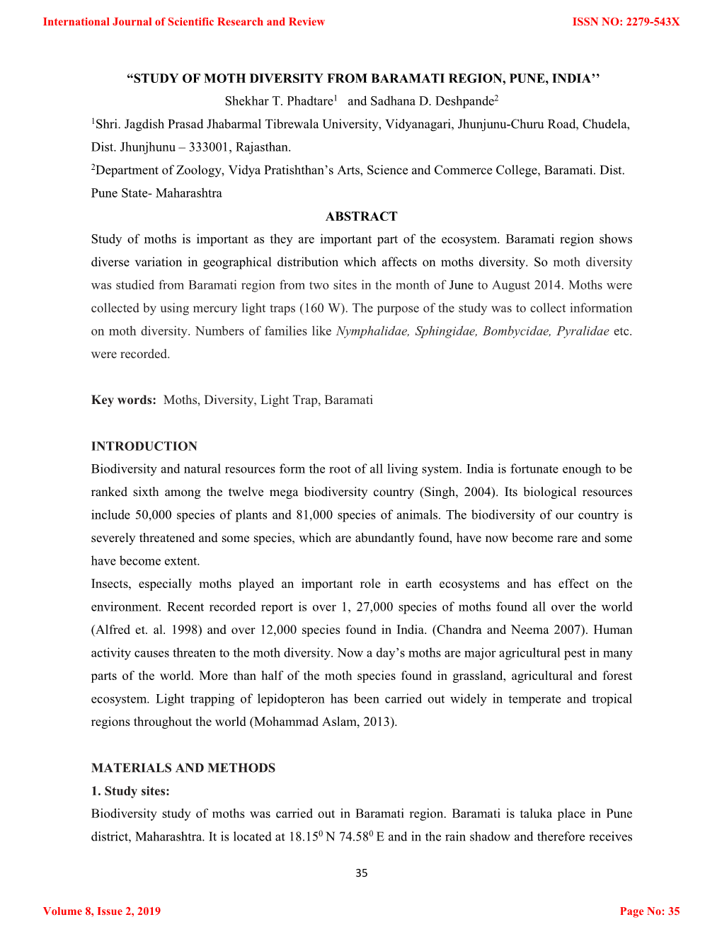 STUDY of MOTH DIVERSITY from BARAMATI REGION, PUNE, INDIA'' Shekhar T