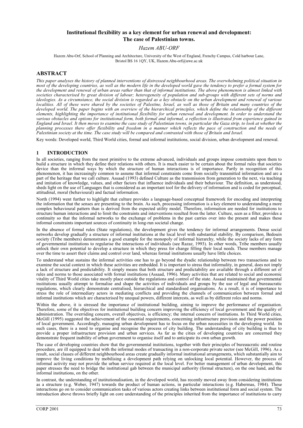 Institutional Flexibility As a Key Element for Urban Renewal and Development: the Case of Palestinian Towns