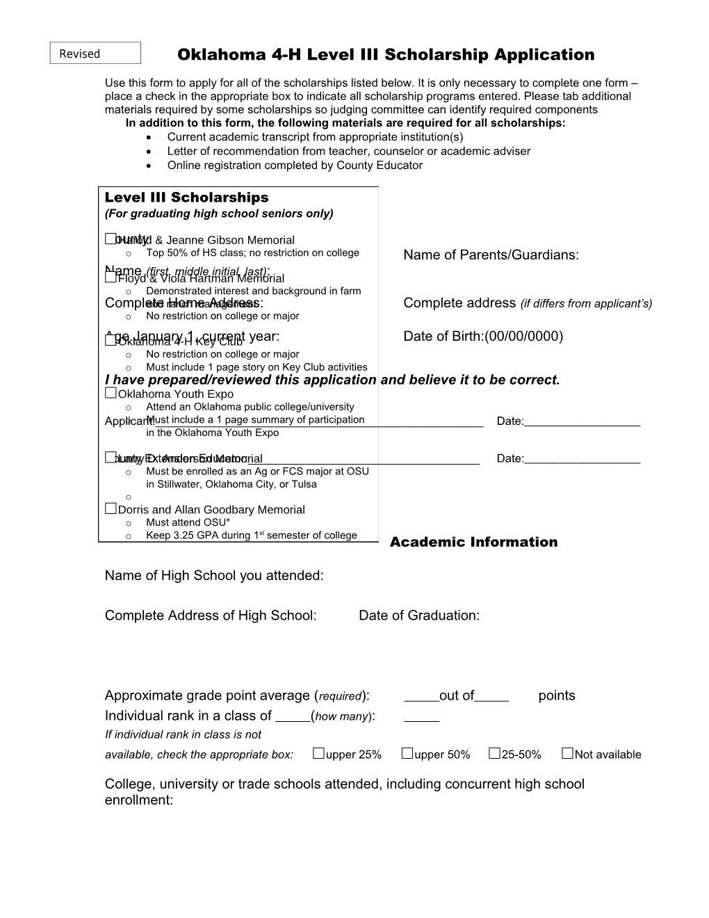 Oklahoma 4-H Level III Scholarship Application