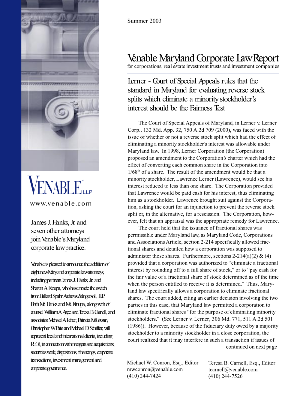 Venable Maryland Corporate Law Report for Corporations, Real Estate Investment Trusts and Investment Companies