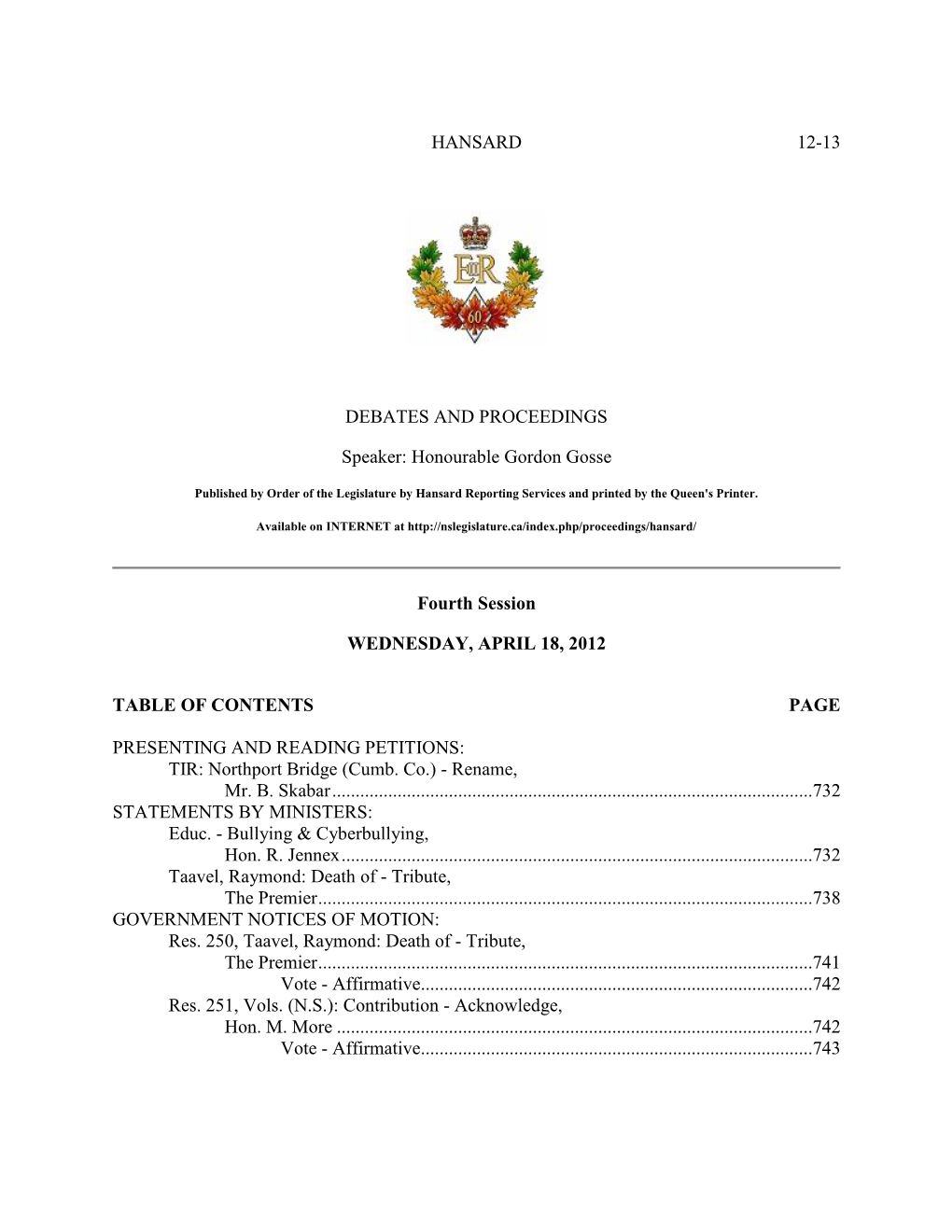 HANSARD 12-13 DEBATES and PROCEEDINGS Speaker