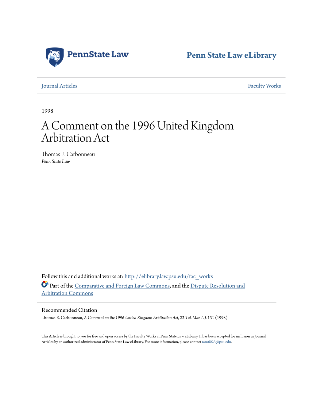 A Comment on the 1996 United Kingdom Arbitration Act Thomas E