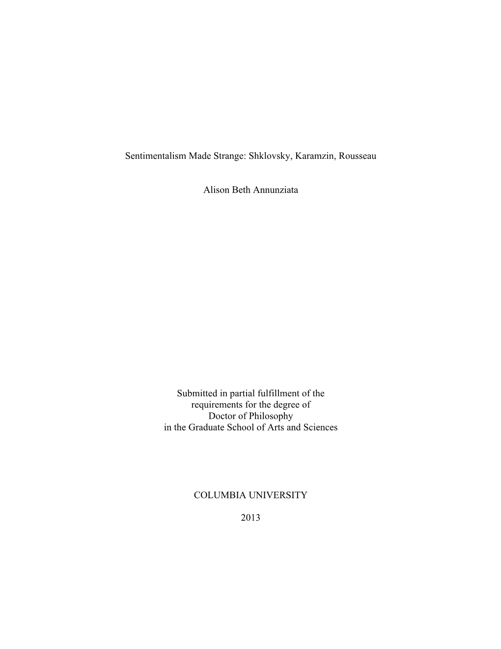 Sentimentalism Made Strange: Shklovsky, Karamzin, Rousseau