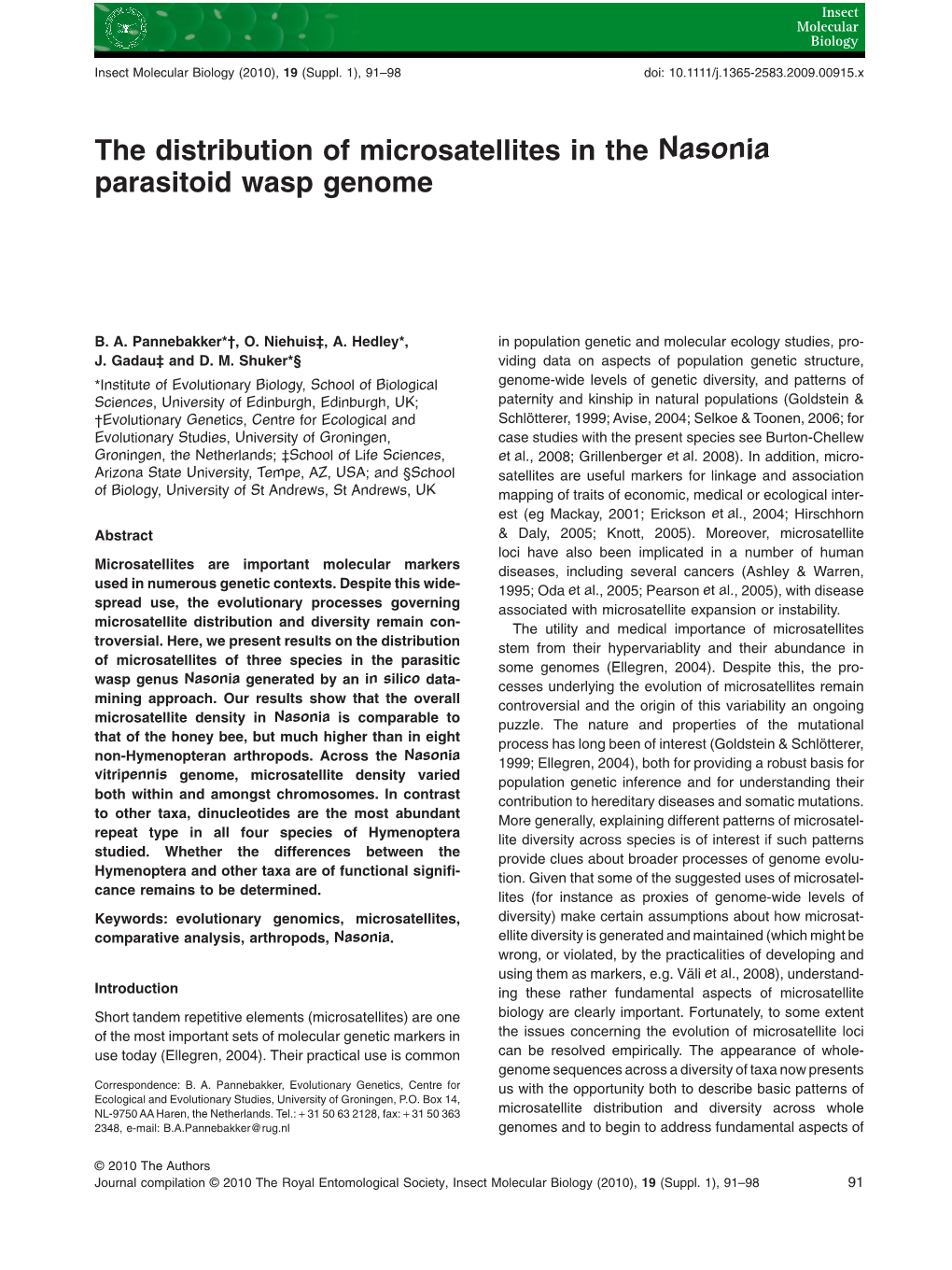 The Distribution of Microsatellites in the Nasonia Parasitoid Wasp