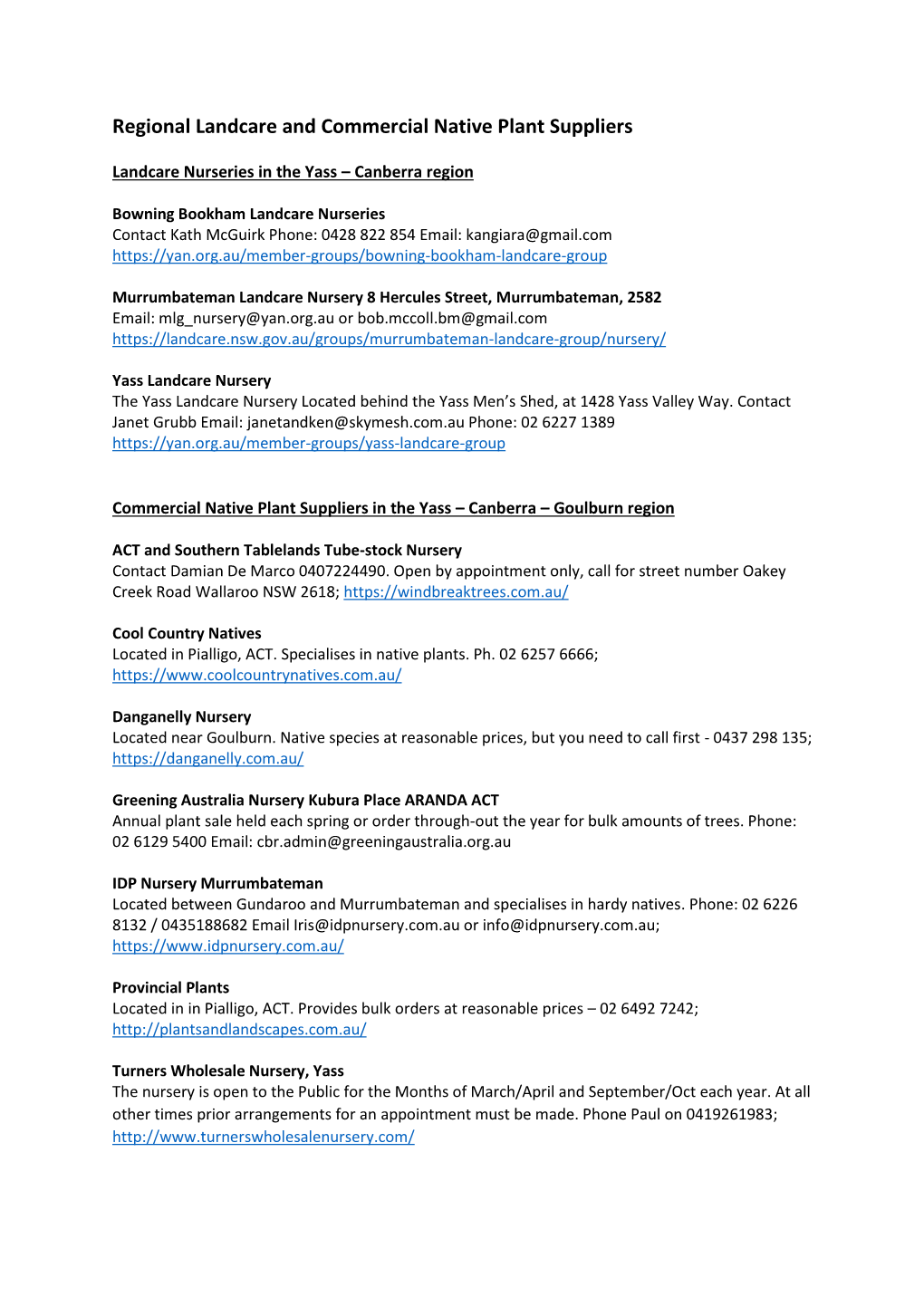 Regional Landcare and Commercial Native Plant Suppliers