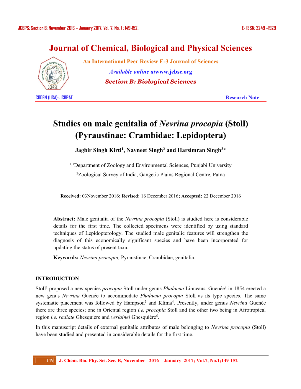 Journal of Chemical, Biological and Physical Sciences Studies on Male