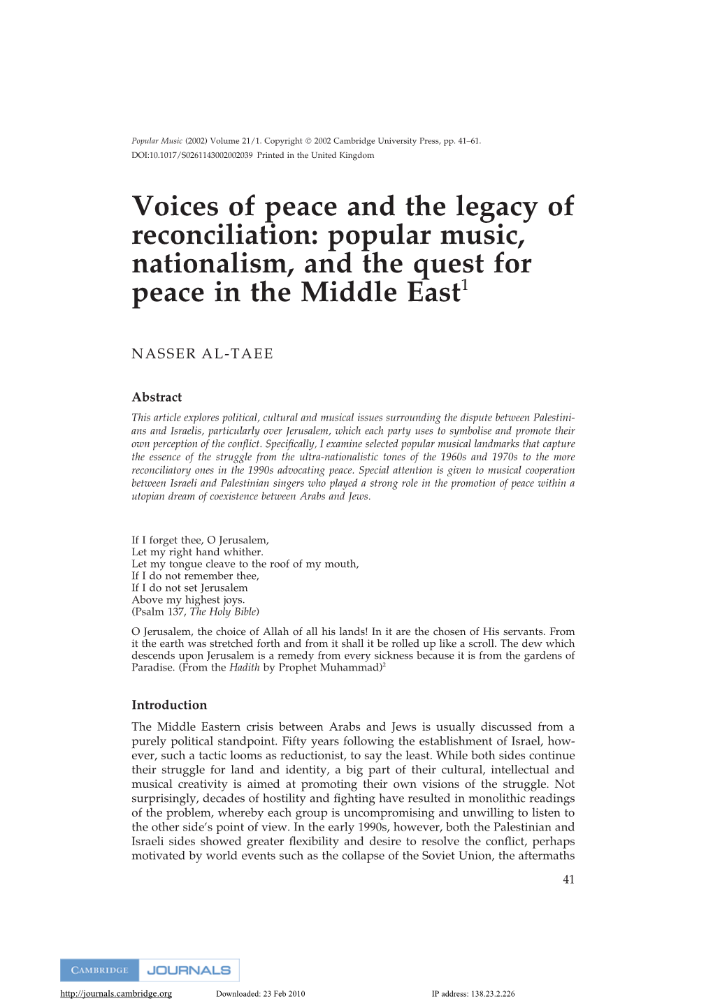 Voices of Peace and the Legacy of Reconciliation: Popular Music, Nationalism, and the Quest for Peace in the Middle East1