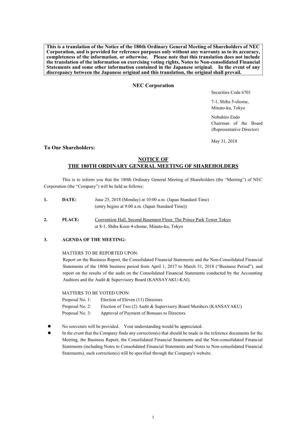 Notice of the 180Th Ordinary General Meeting Of