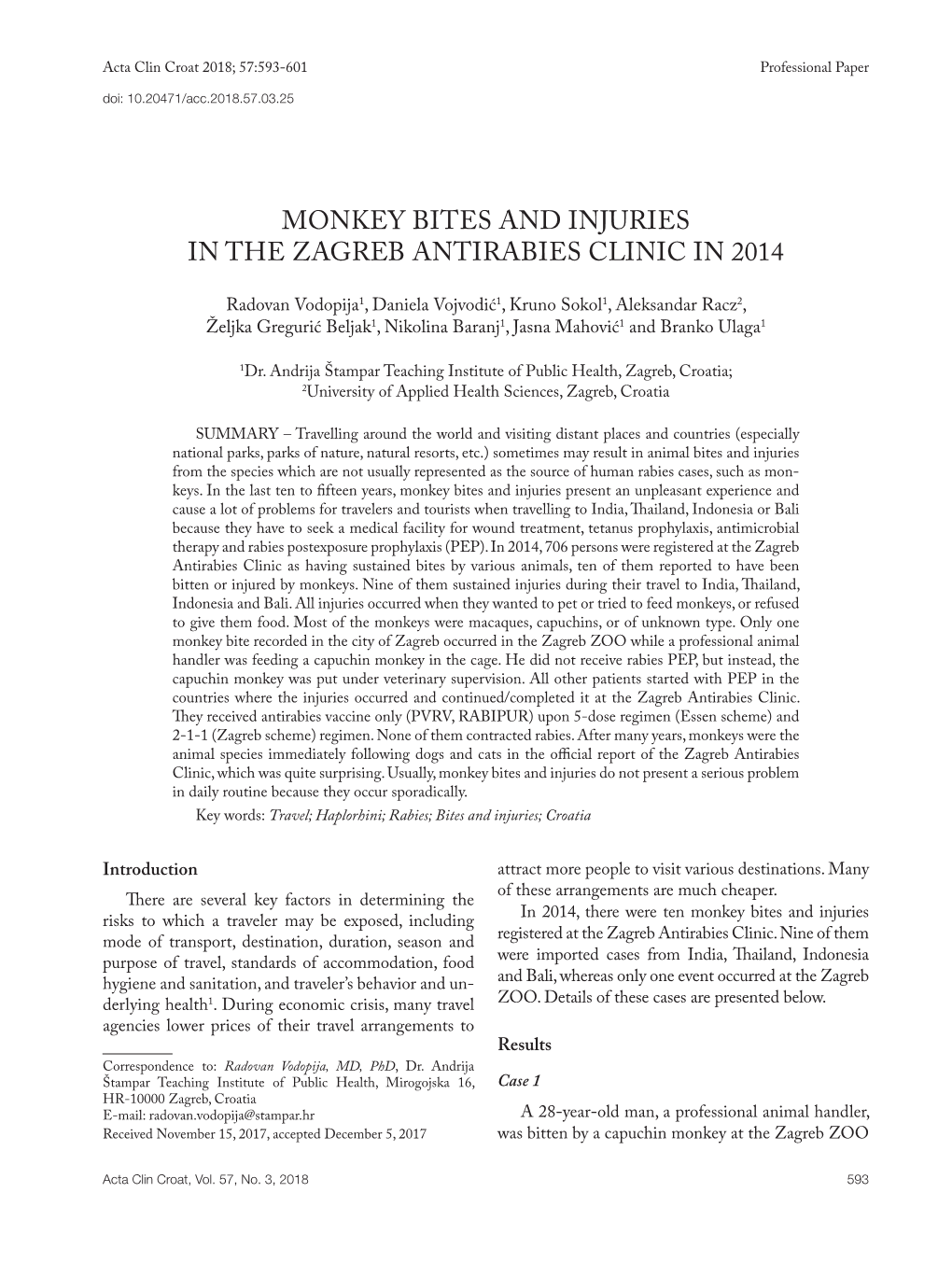 Monkey Bites and Injuries in the Zagreb Antirabies Clinic in 2014