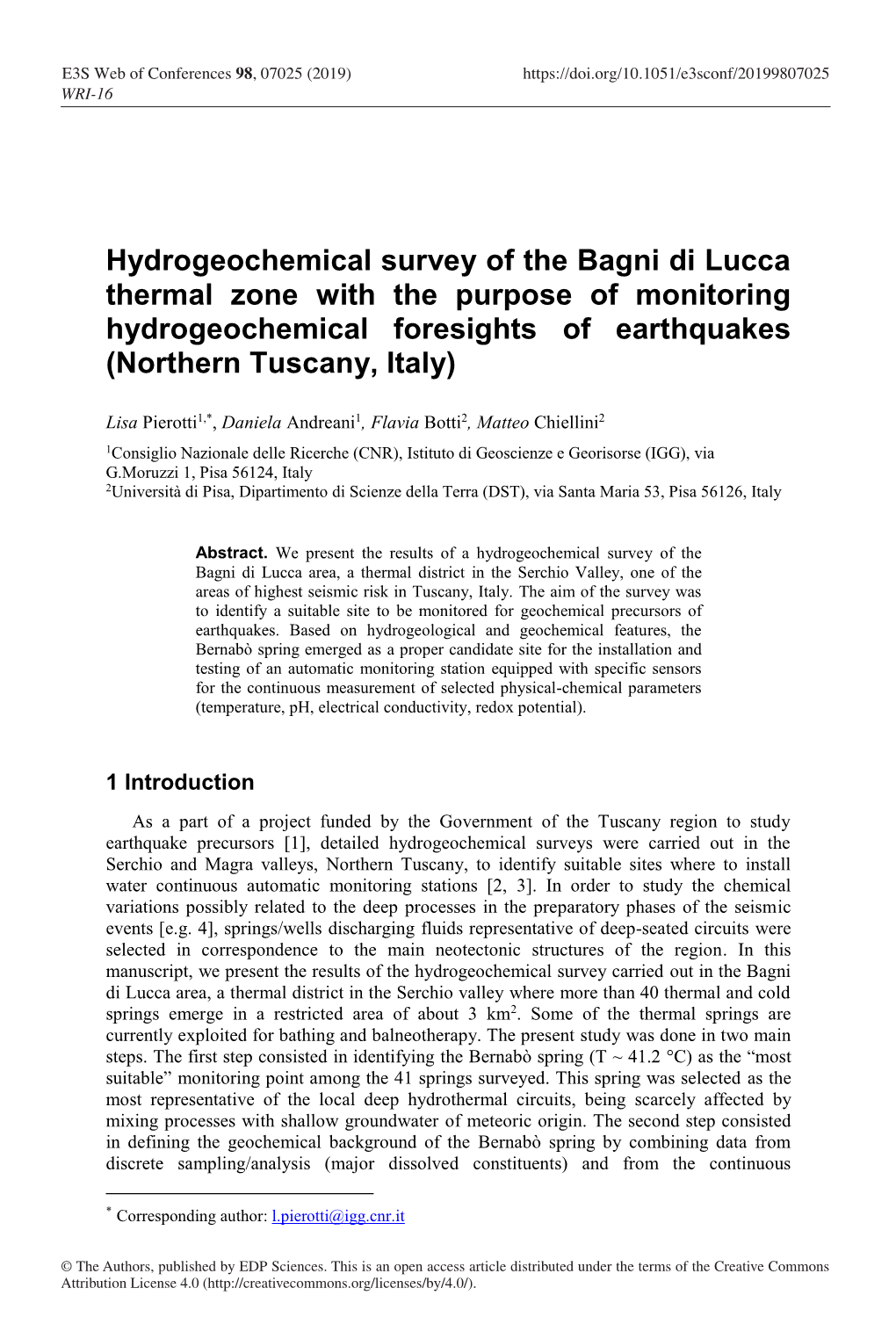 Hydrogeochemical Survey of the Bagni Di Lucca Thermal Zone with the Purpose of Monitoring Hydrogeochemical Foresights of Earthquakes (Northern Tuscany, Italy)