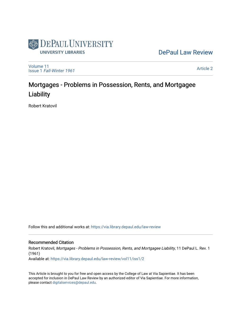 Mortgages - Problems in Possession, Rents, and Mortgagee Liability