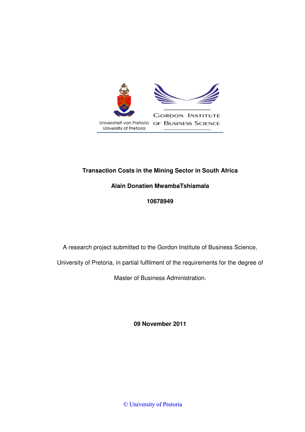 Transaction Costs in the Mining Sector in South Africa Alain Donatien