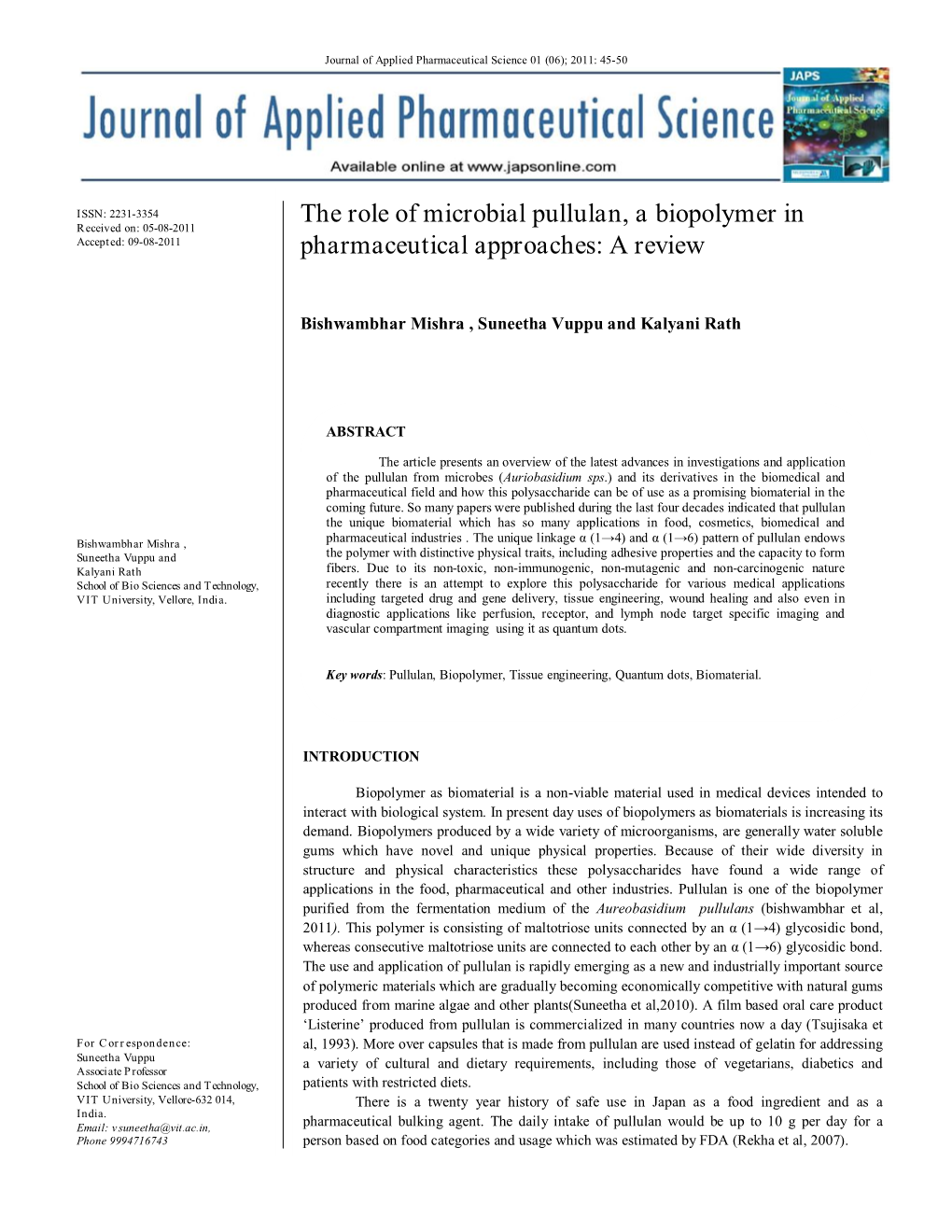 The Role of Microbial Pullulan, a Biopolymer in Pharmaceutical