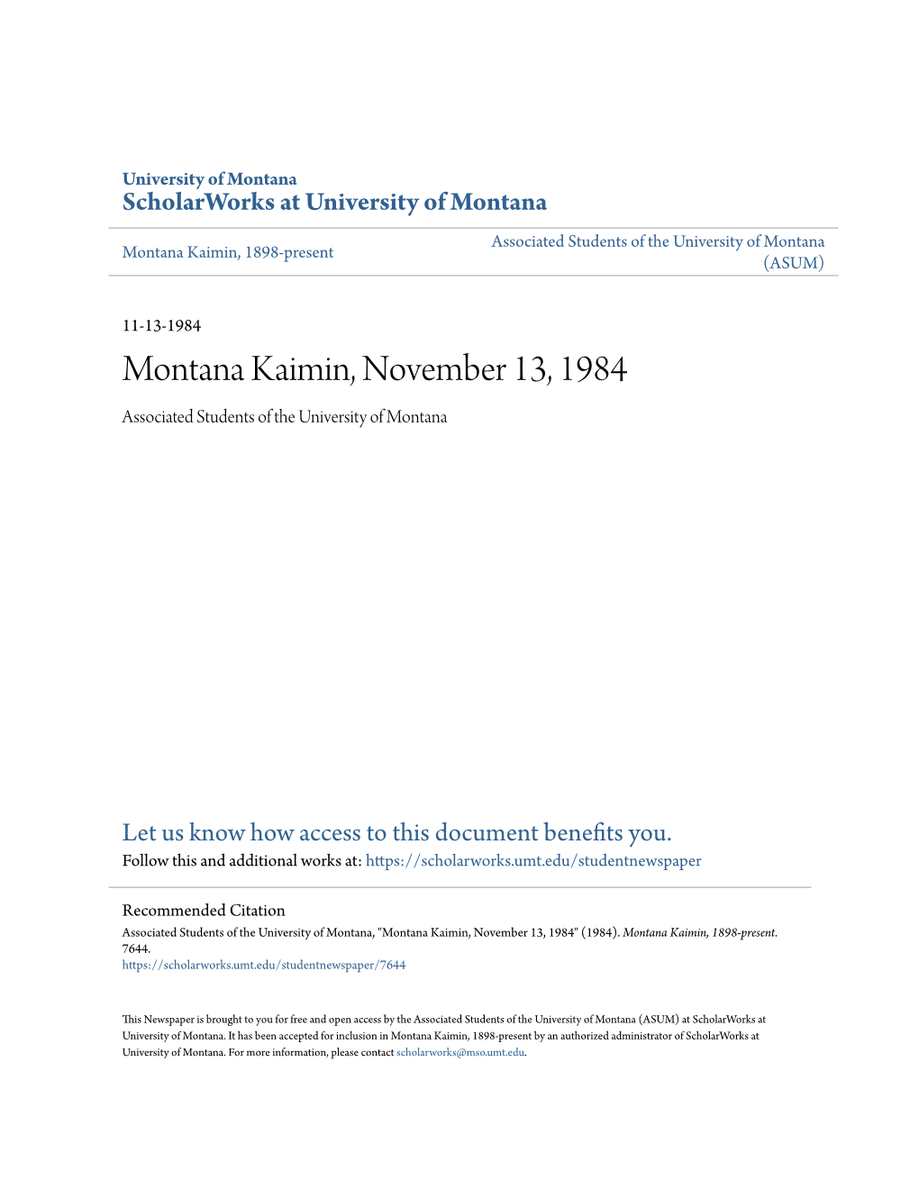 Montana Kaimin, November 13, 1984 Associated Students of the University of Montana