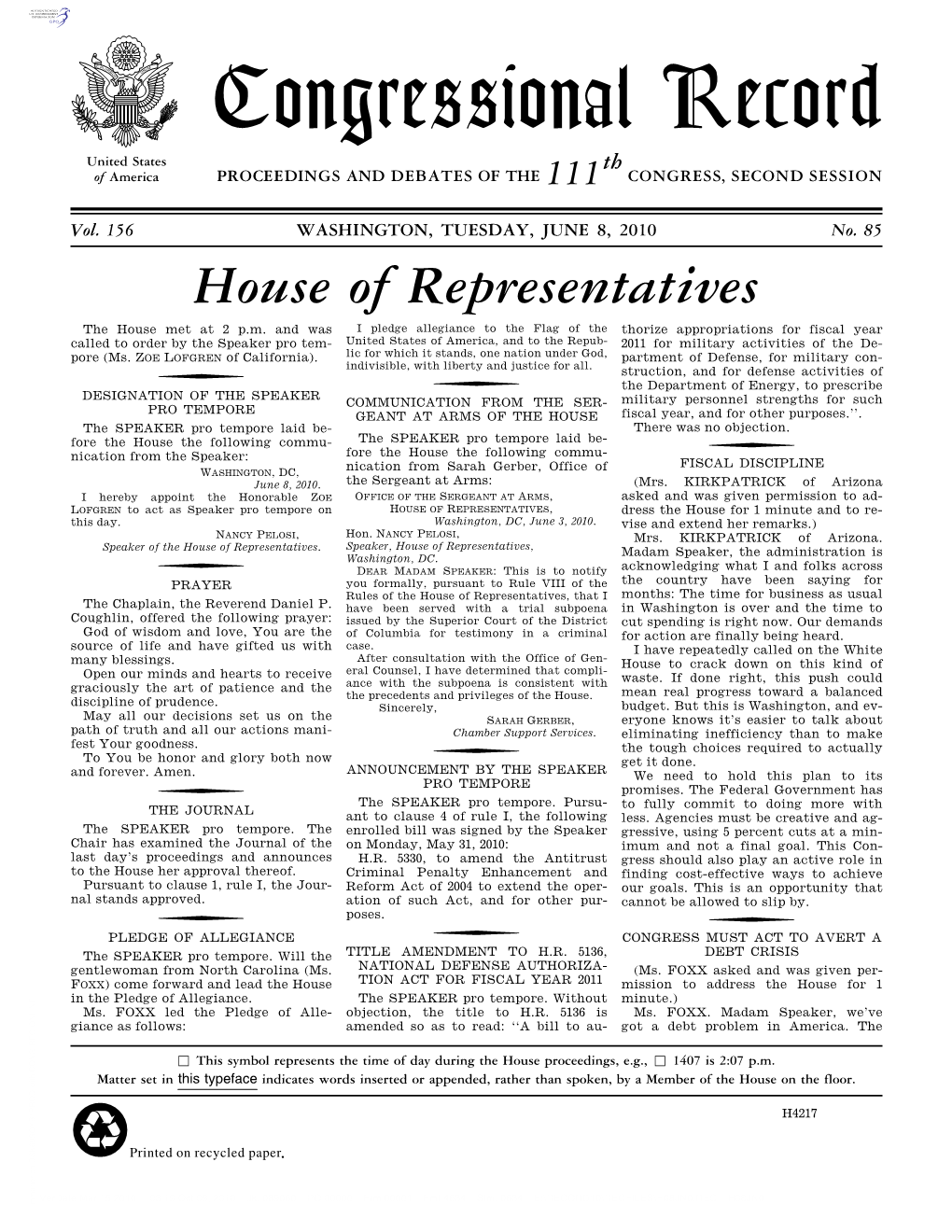 Congressional Record United States Th of America PROCEEDINGS and DEBATES of the 111 CONGRESS, SECOND SESSION