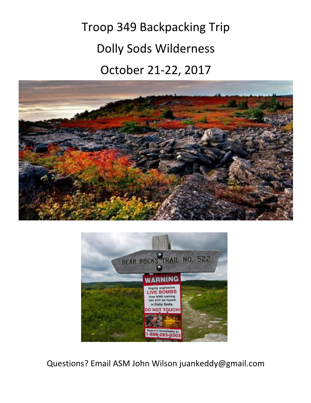 Troop 349 Backpacking Trip Dolly Sods Wilderness October 21-22, 2017