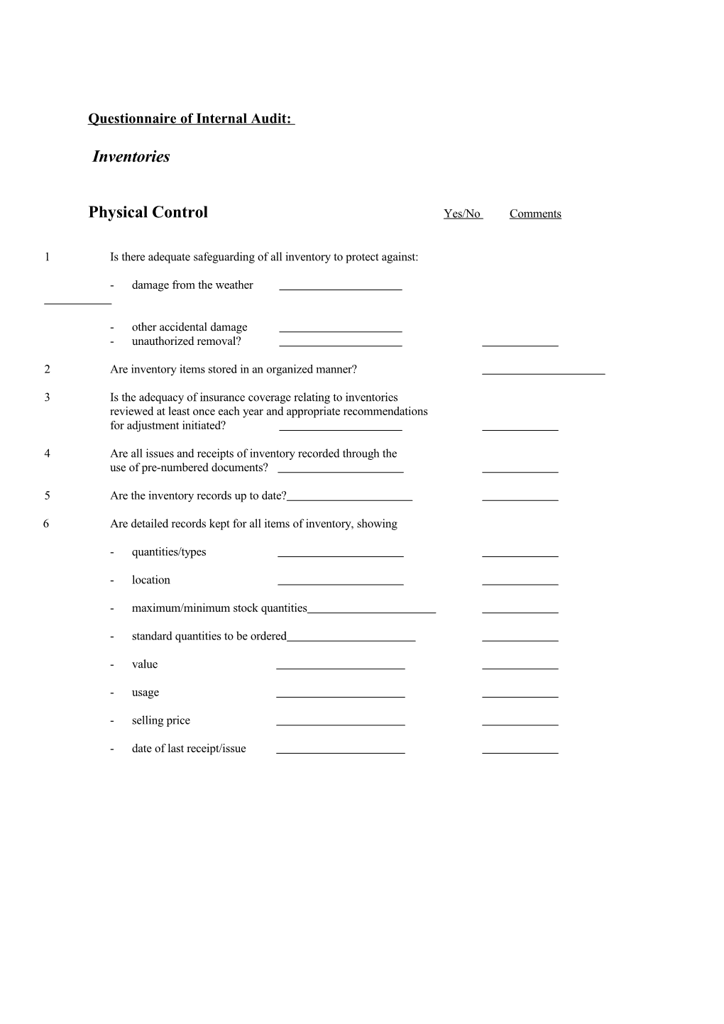 Questionnaire of Internal Audit (Document)