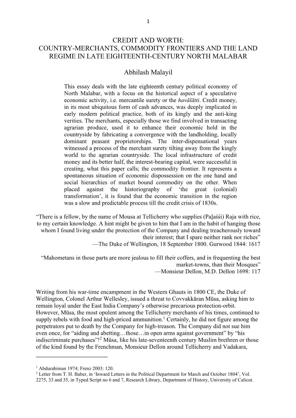 Credit and Worth: Country-Merchants, Commodity Frontiers and the Land Regime in Late Eighteenth-Century North Malabar