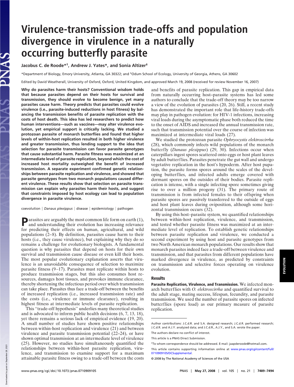 Virulence-Transmission Trade-Offs and Population Divergence in Virulence in a Naturally Occurring Butterfly Parasite