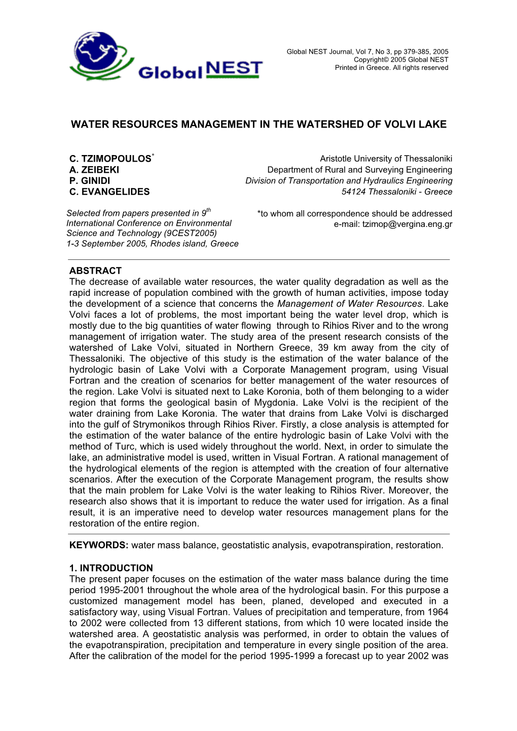 Water Resources Management in the Watershed of Volvi Lake