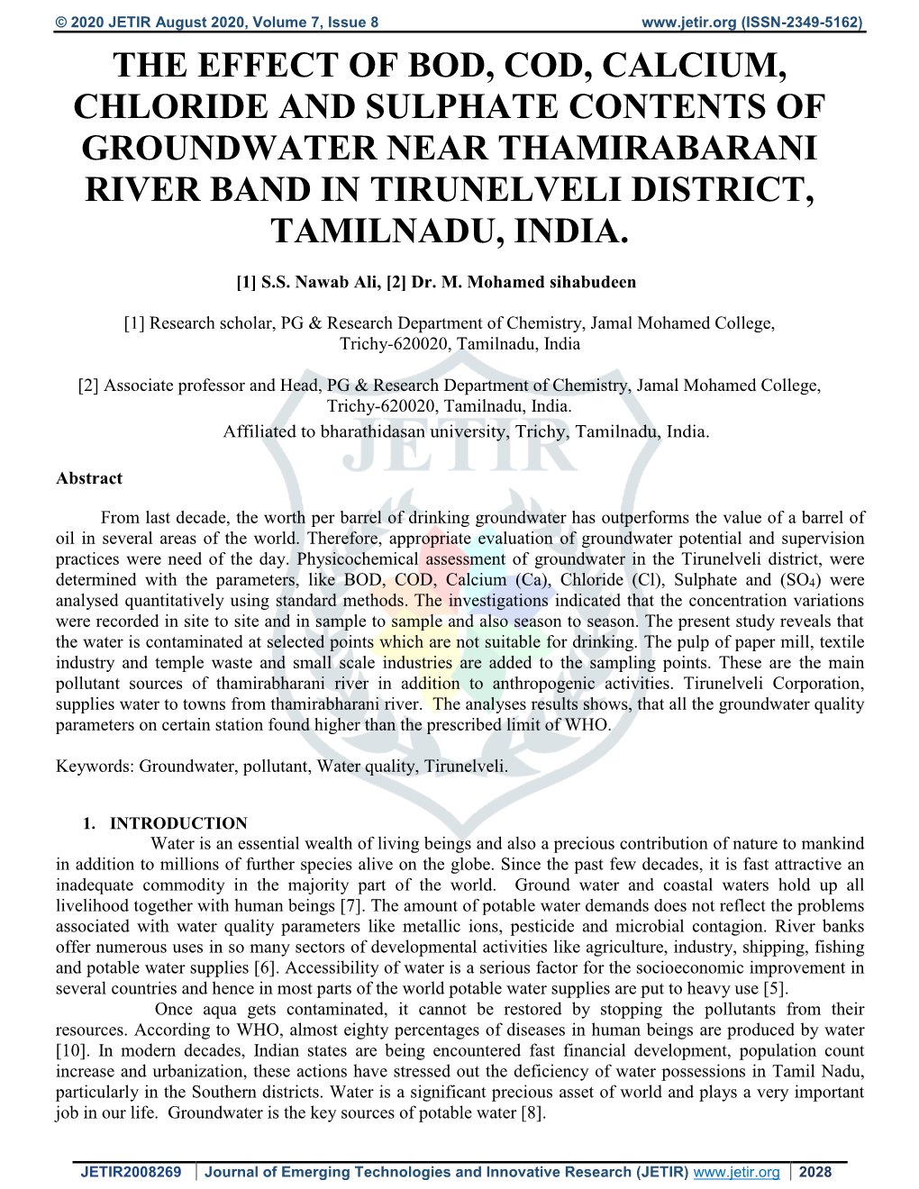 The Effect of Bod, Cod, Calcium, Chloride and Sulphate Contents of Groundwater Near Thamirabarani River Band in Tirunelveli District, Tamilnadu, India