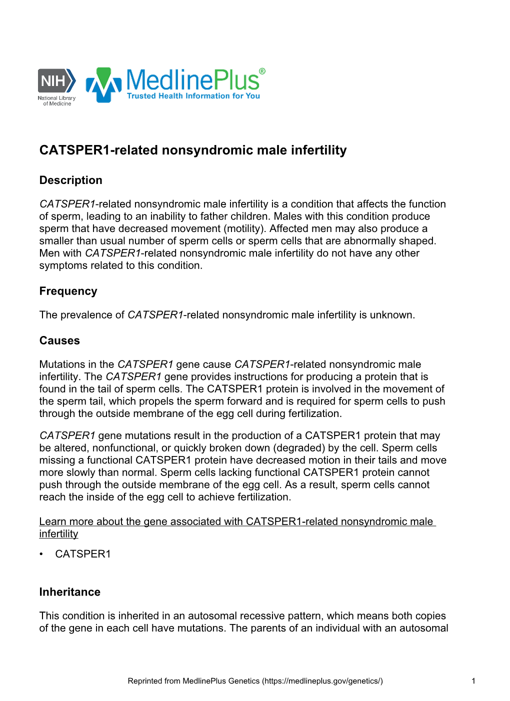 CATSPER1-Related Nonsyndromic Male Infertility