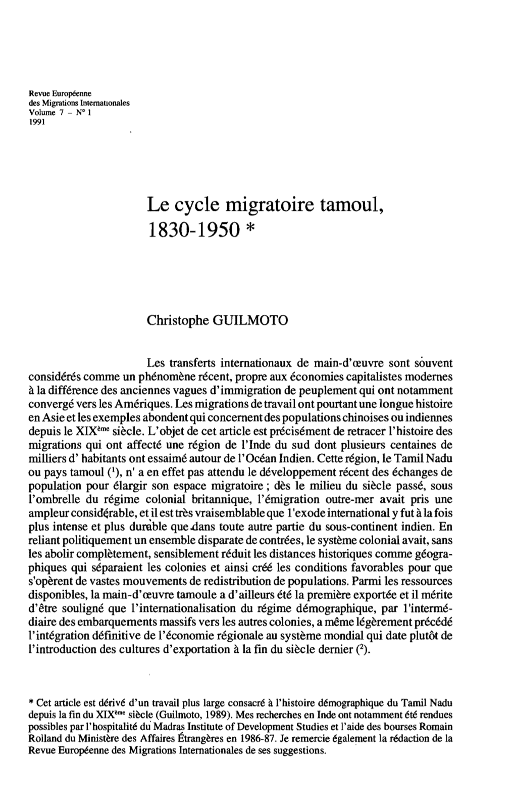 Le Cycle Migratoire Tamoul, 1830-1950 *