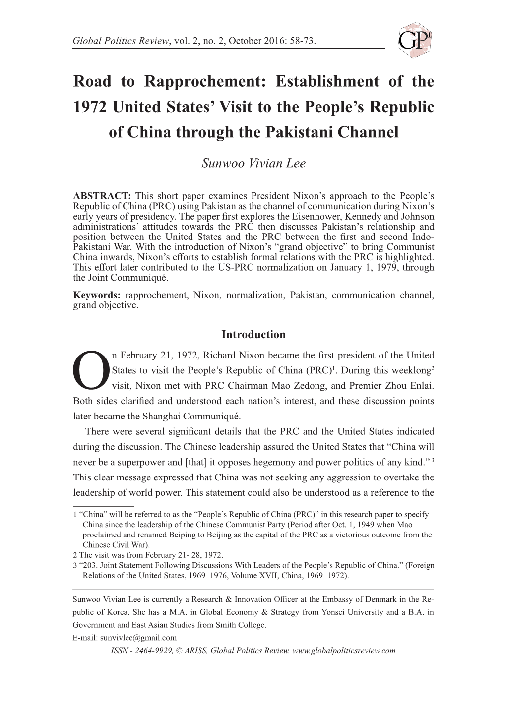 Road to Rapprochement: Establishment of the 1972 United States’ Visit to the People’S Republic of China Through the Pakistani Channel