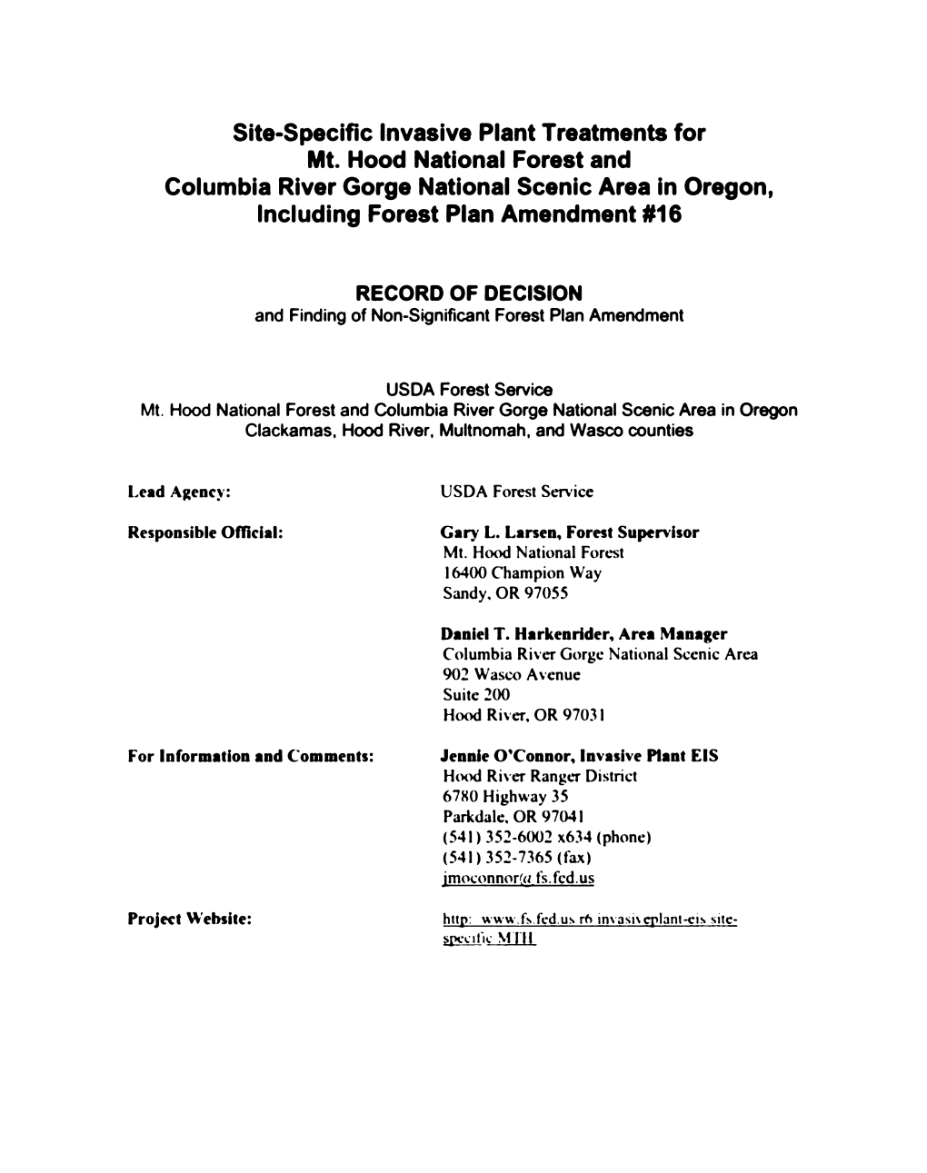 Mt. Hood National Forest and Columbia River Gorge National Scenic Area in Oregon, Including Forest Plan Amendment #16