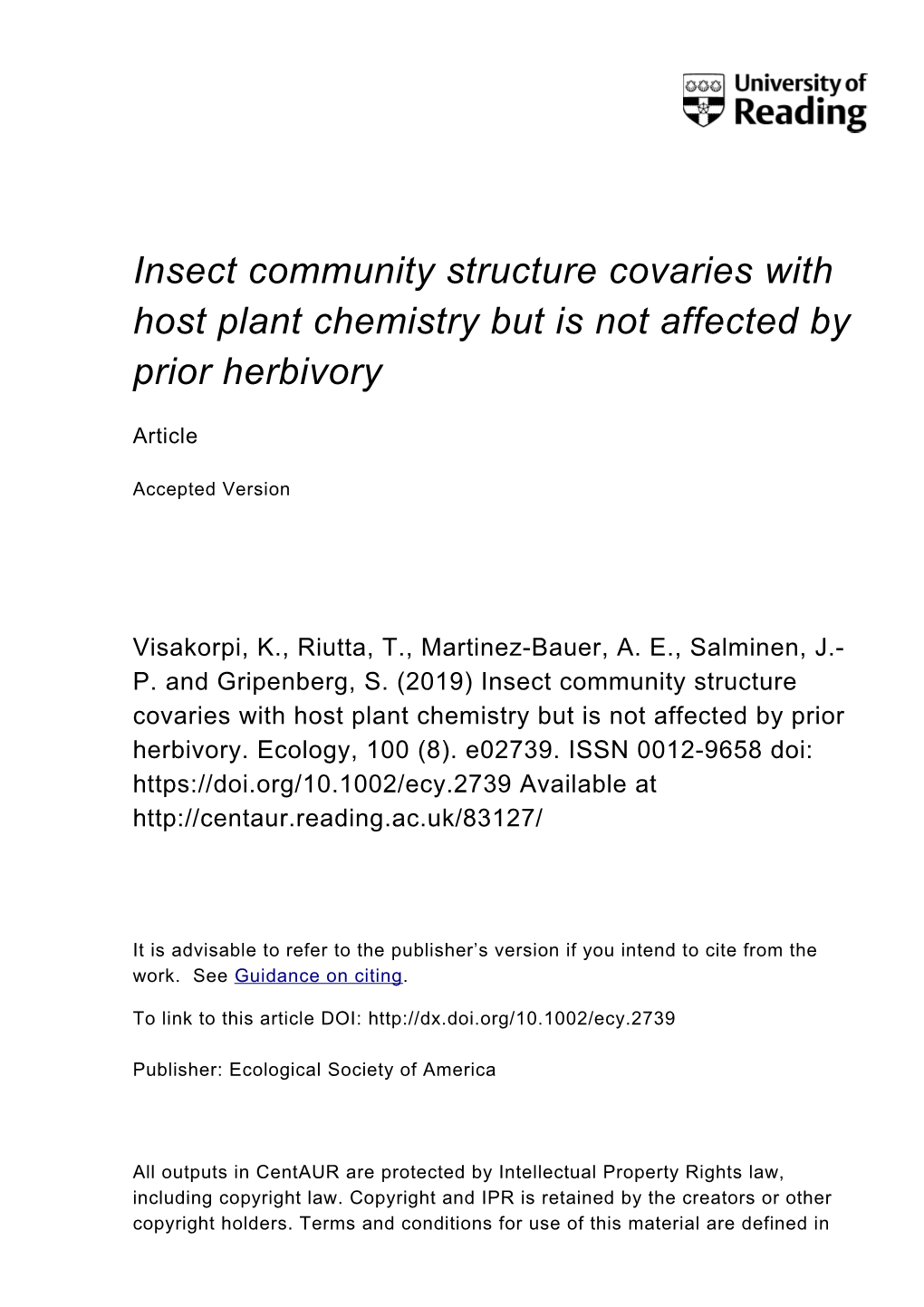 Insect Community Structure Covaries with Host Plant Chemistry but Is Not Affected by Prior Herbivory