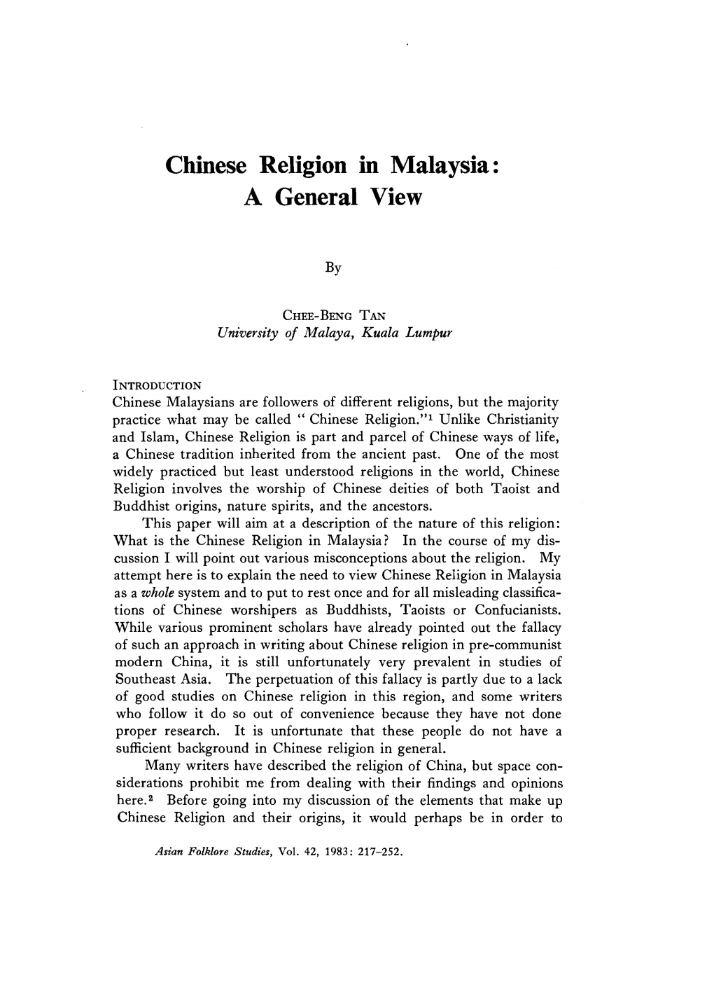 Chinese Religion in Malaysia: a General View