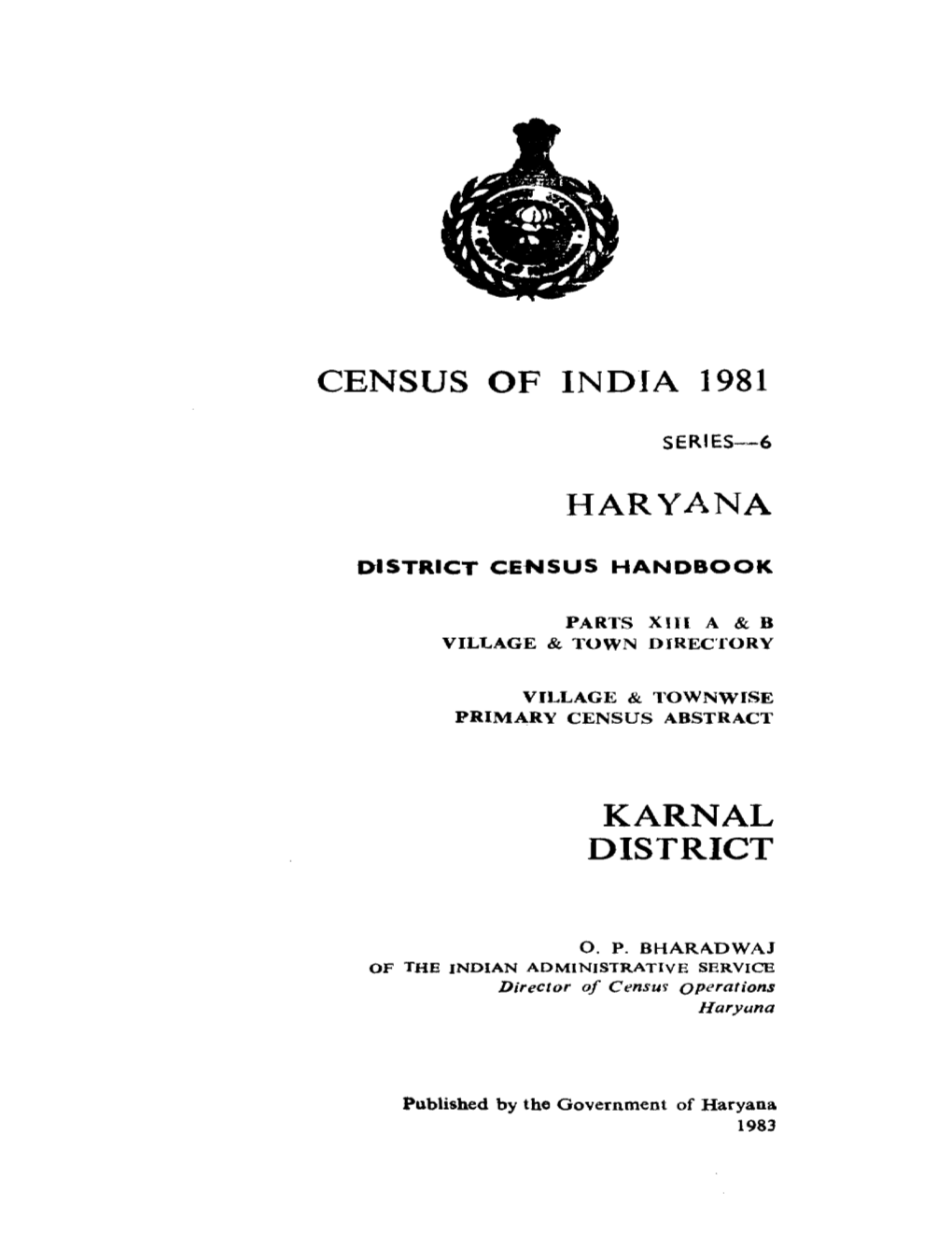 Village & Townwise Primary Census Abstract, Karnal, Parts XIII a & B