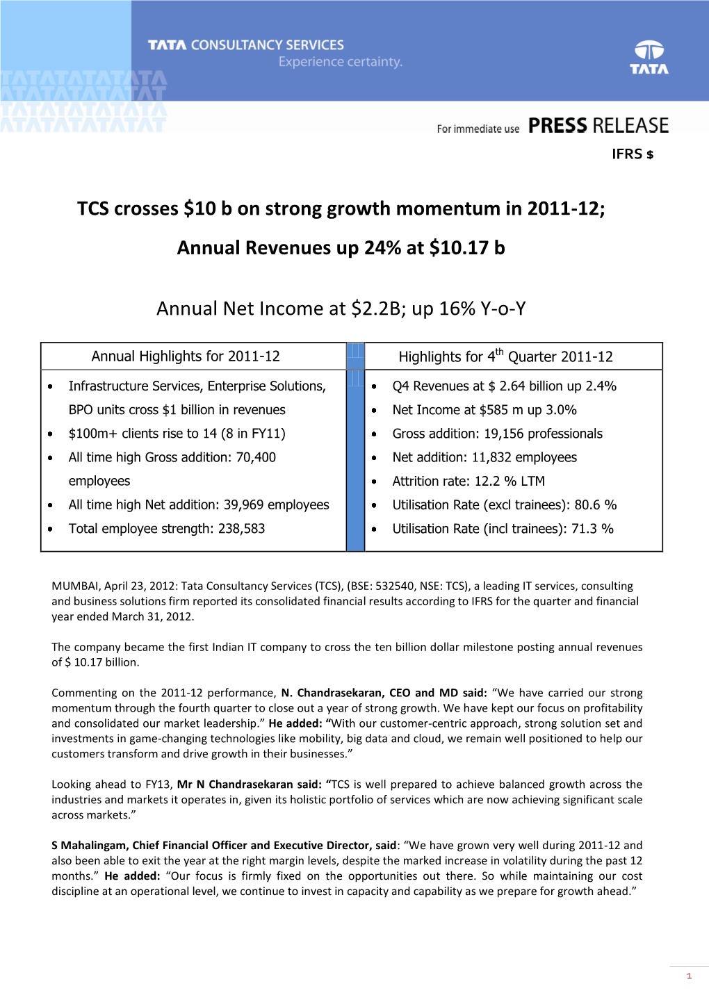 TCS Crosses $10 B on Strong Growth Momentum in 2011-12; Annual Revenues up 24% at $10.17 B