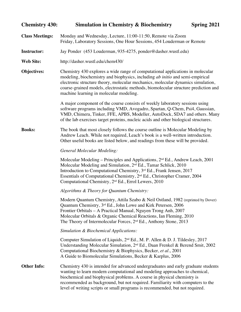 Simulation in Chemistry & Biochemistry Spring 2021