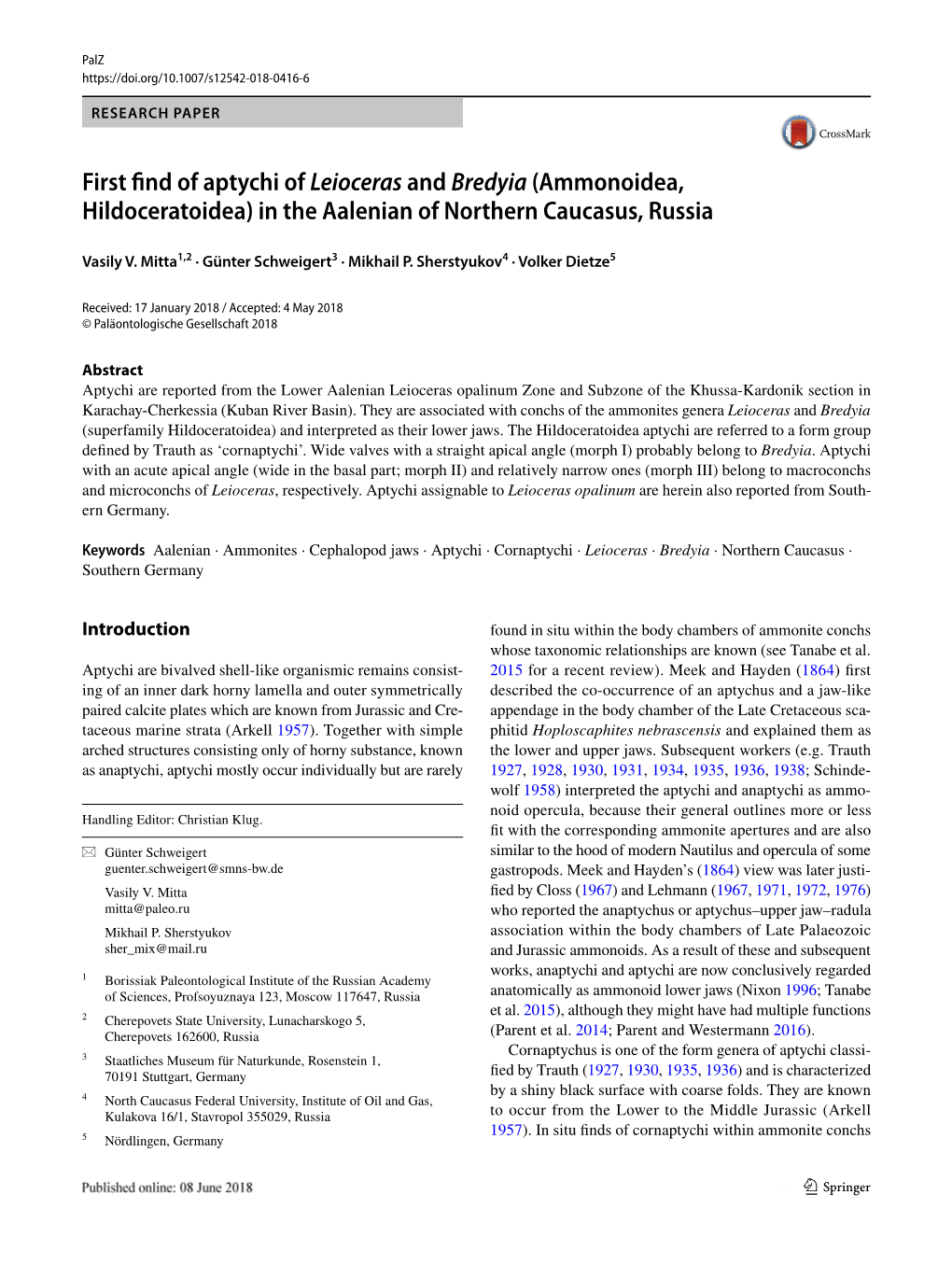 First Find of Aptychi of Leioceras and Bredyia (Ammonoidea