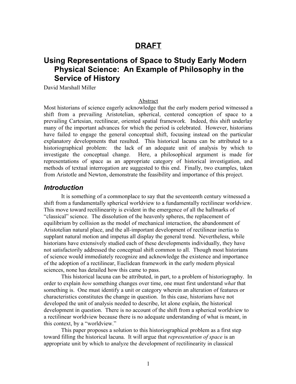 Using Representations of Space to Study Early Modern Physical Science: an Example of Philosophy