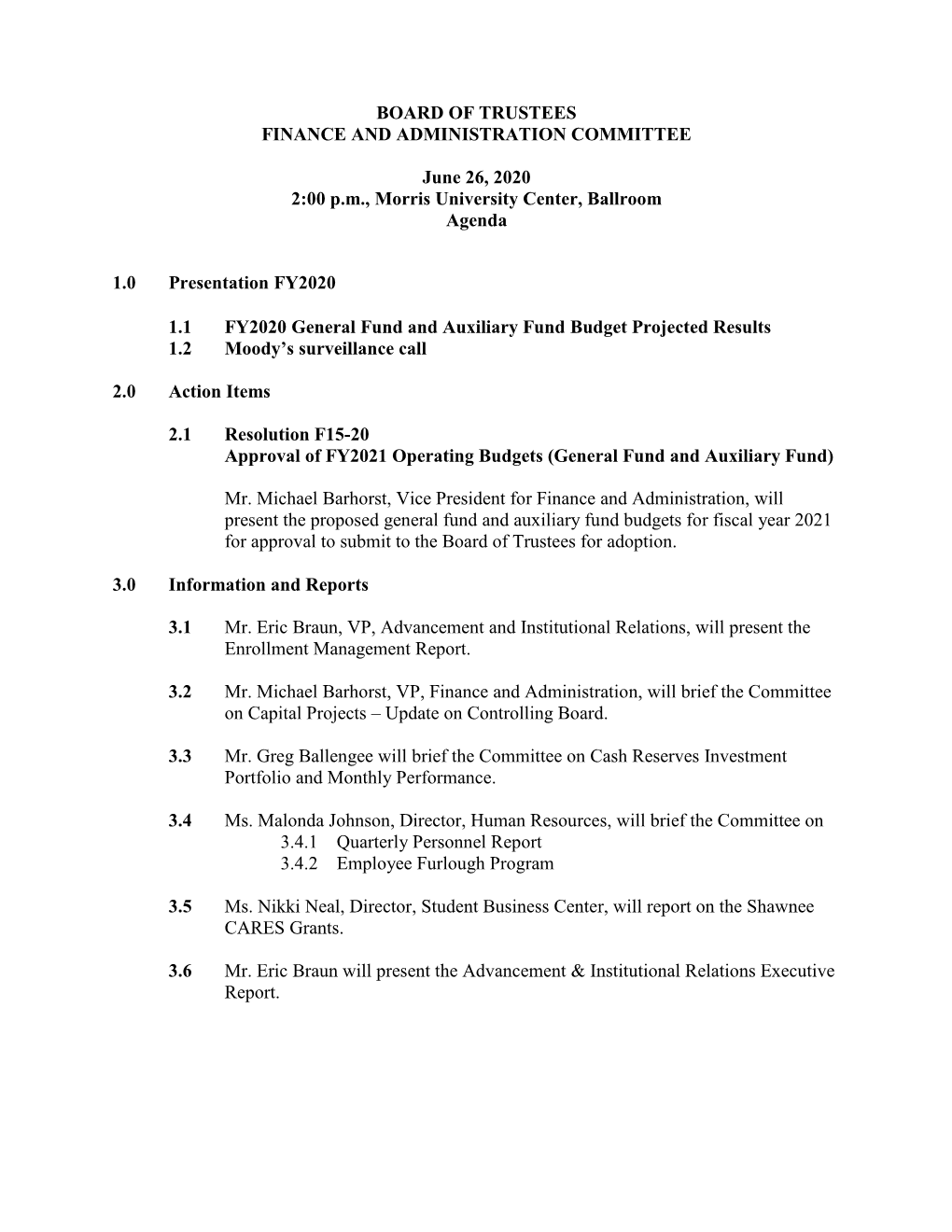 FINANCE and ADMINISTRATION COMMITTEE Agenda