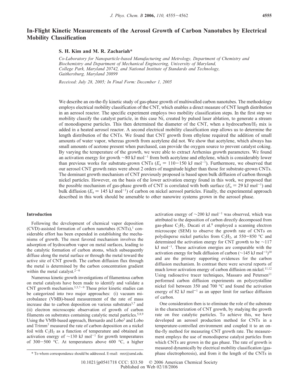 In-Flight Kinetic Measurements of the Aerosol Growth of Carbon Nanotubes by Electrical Mobility Classification