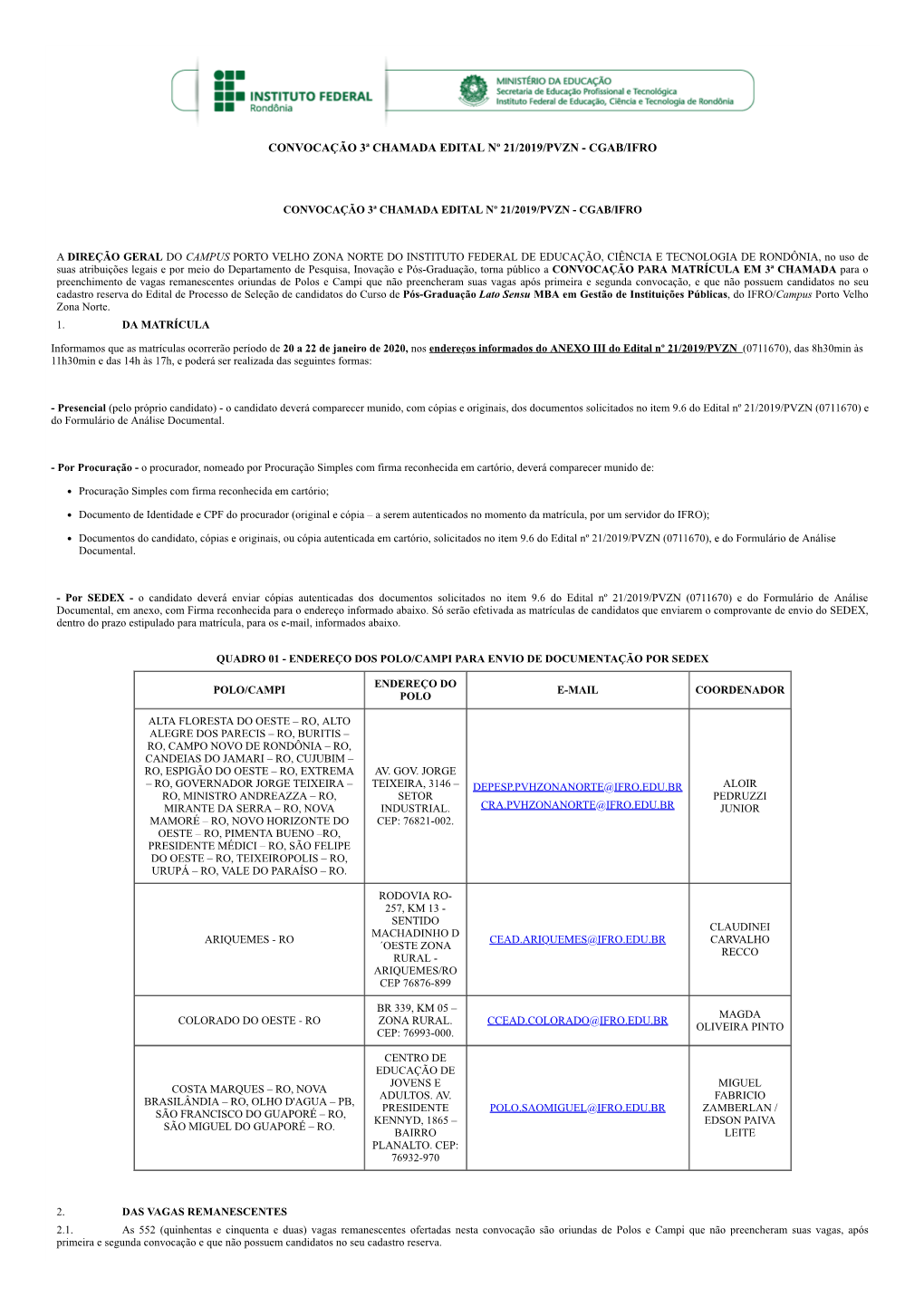 Convocação 3ª Chamada Edital Nº 21/2019/Pvzn - Cgab/Ifro