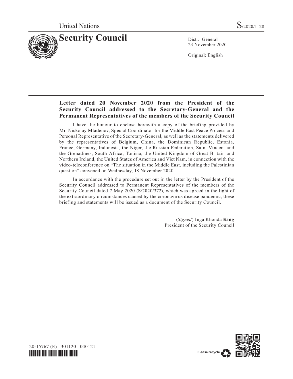 Letter Dated 20 November 2020 from the President of the Security Council Addressed to the Secretary-General and the Permanent Re