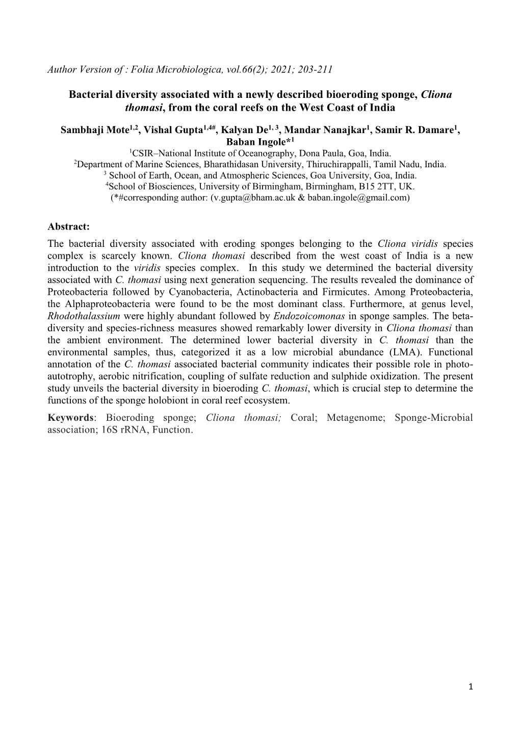 Bacterial Diversity Associated with a Newly Described Bioeroding Sponge, Cliona Thomasi, from the Coral Reefs on the West Coast of India