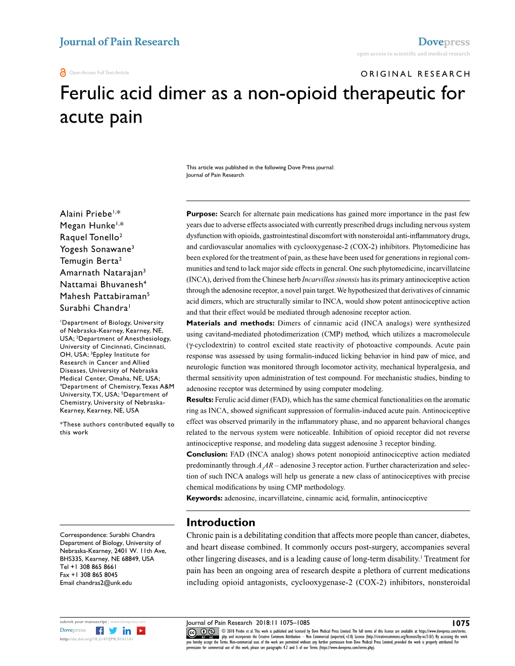 Ferulic Acid Dimer As a Non-Opioid Therapeutic for Acute Pain