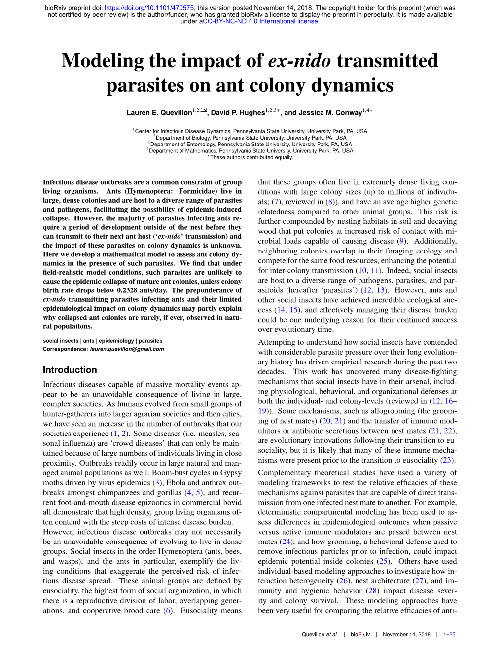 Modeling the Impact of Ex-Nido Transmitted Parasites on Ant Colony Dynamics