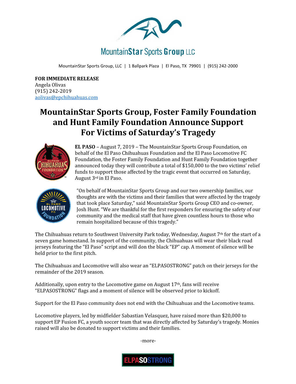 Mountainstar Sports Group, Foster Family Foundation and Hunt Family Foundation Announce Support for Victims of Saturday’S Tragedy