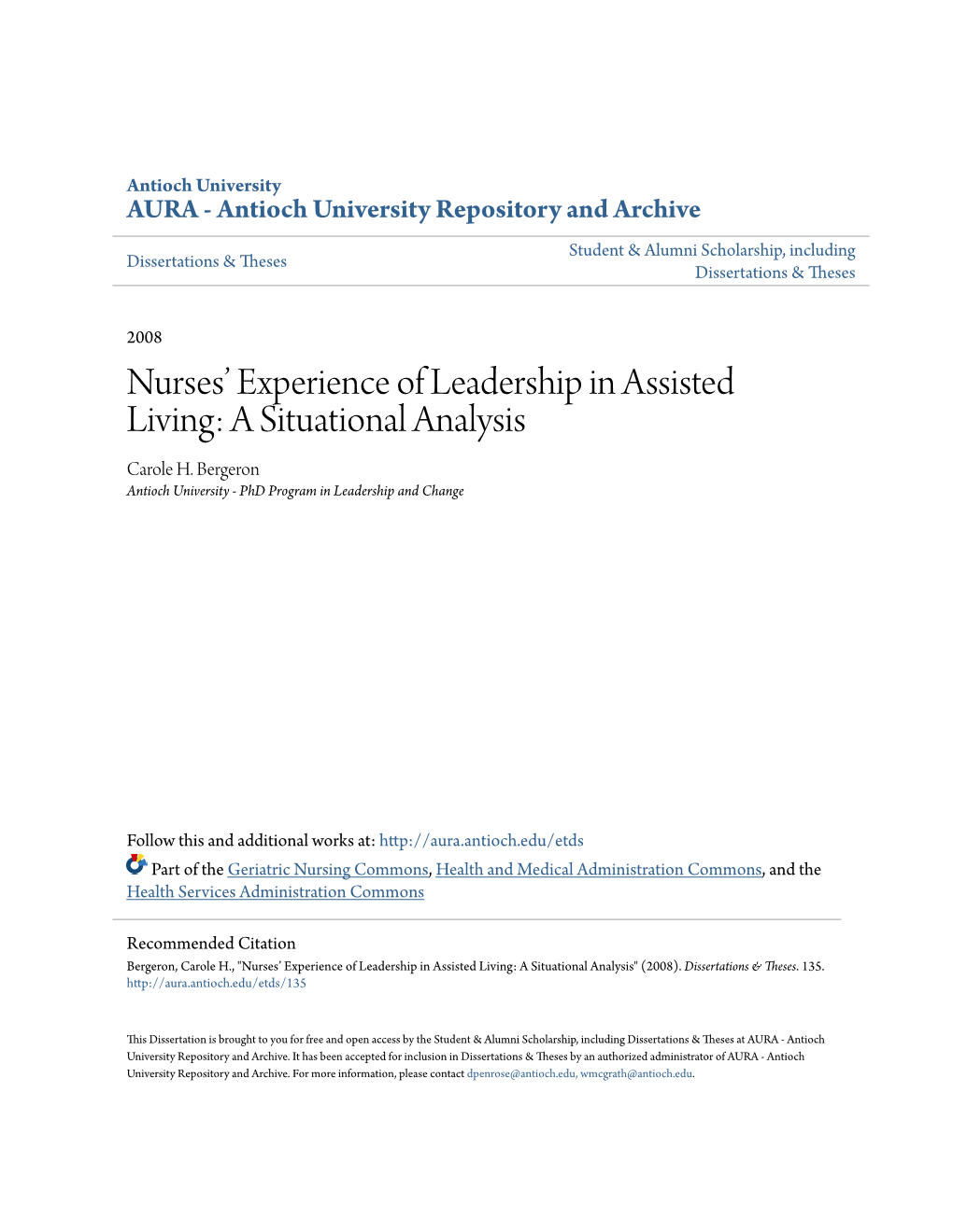 Nurses' Experience of Leadership in Assisted Living: a Situational Analysis