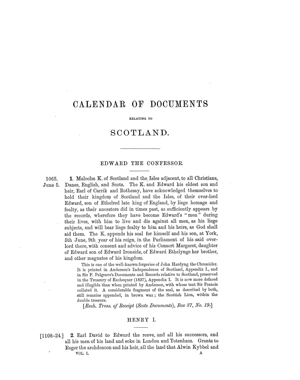 Calendar of Documents Relating to Scotland, Preserved in Her