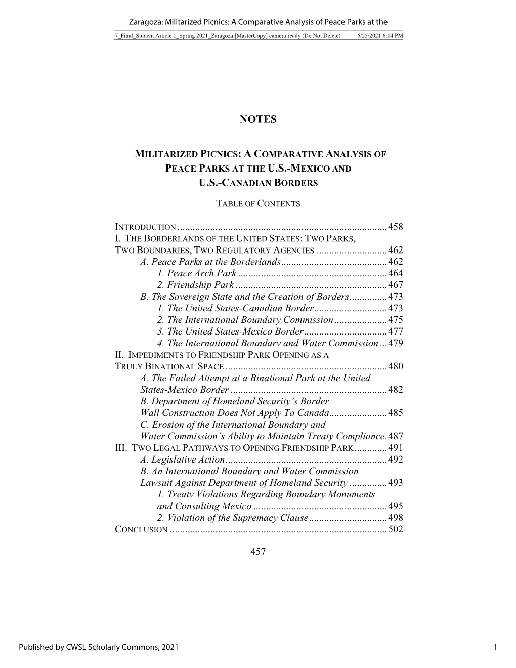 Militarized Picnics: a Comparative Analysis of Peace Parks at the U.S.-Mexico and U.S.-Canadian Borders