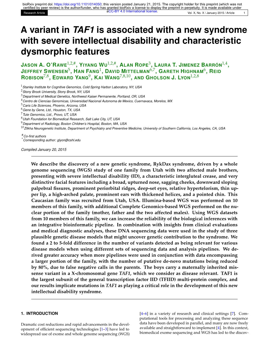 A Variant in TAF1 Is Associated with a New Syndrome with Severe Intellectual Disability and Characteristic Dysmorphic Features