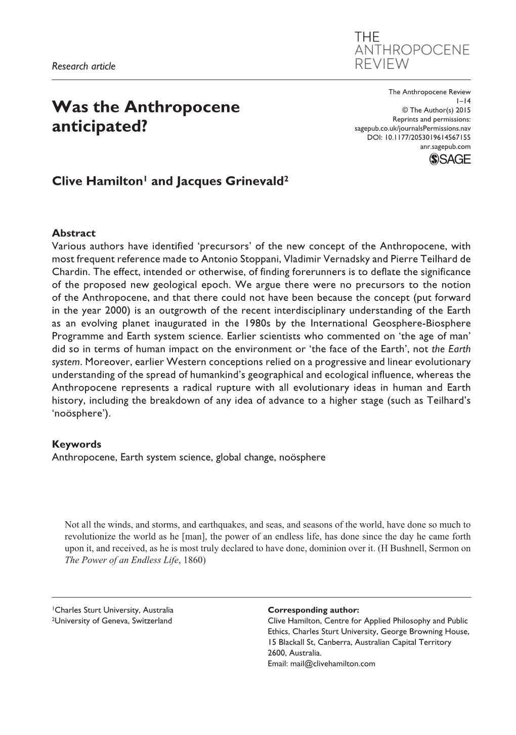 Was the Anthropocene Anticipated?